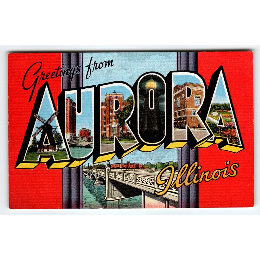 Greetings From Aurora Illinois Kropp Large Letter Postcard Linen Vintage Unused